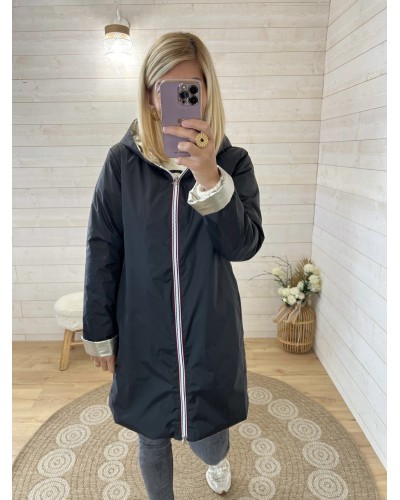 Imperméable Laura Jo long mi-saison noir fermé avec capuche – modèle réversible doré – Réf 22022