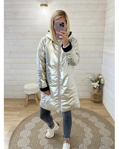 Imperméable Laura Jo long mi-saison noir fermé avec capuche – modèle réversible côté doré – Réf 22022