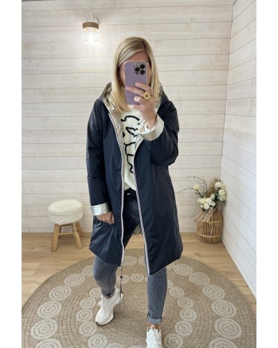 Imperméable réversible Laura Jo long mi-saison noir et doré porté face noir – Référence 22022