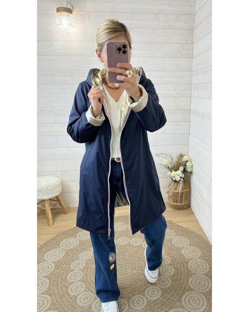 Imperméable réversible Laura Jo long marine et doré mi-saison femme